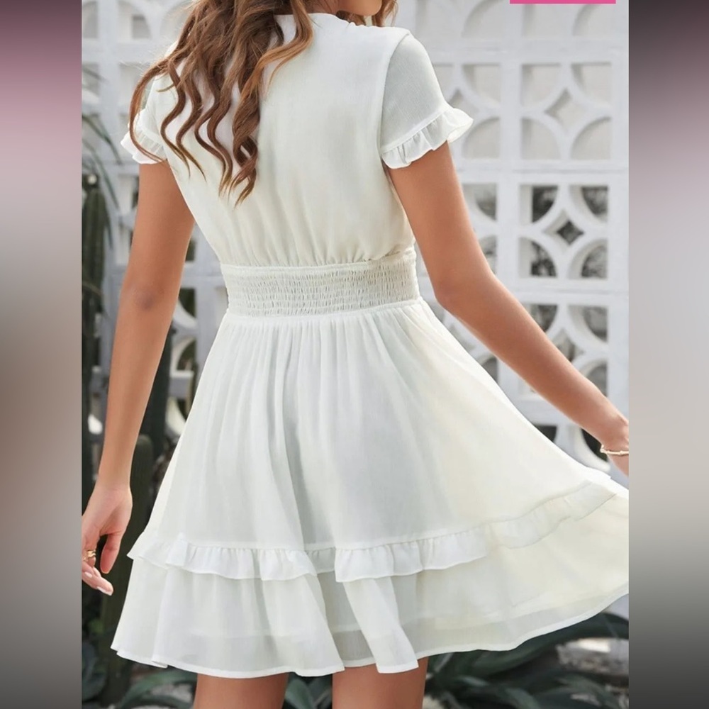 Tie-Front Mini Dress with Smocked Waist L - Picture 3 of 10